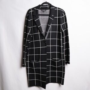 Calligraphie Womens Black White Grid Windowpane Longline Knit Blazer Cardigan L